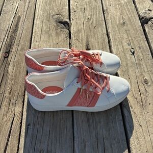 Michael Kors White Sneakers with Coral Accents and Logo Panel